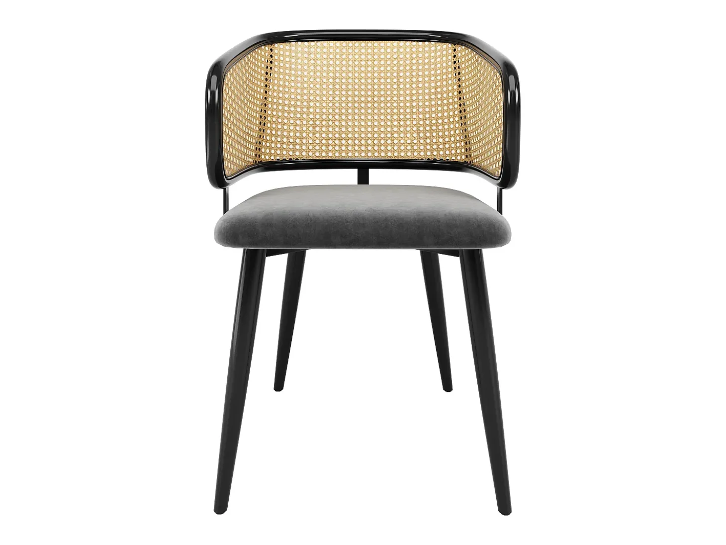 Juego de 6 sillas - Respaldo de ratán y cojín de asiento de terciopelo - patas de metal - Negro+Natural