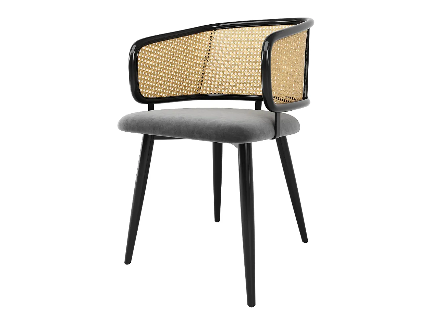 Juego de 6 sillas - Respaldo de ratán y cojín de asiento de terciopelo - patas de metal - Negro+Natural