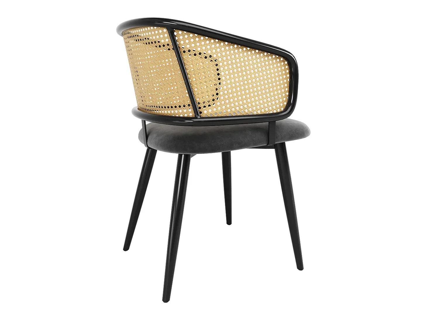 Juego de 6 sillas - Respaldo de ratán y cojín de asiento de terciopelo - patas de metal - Negro+Natural