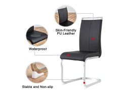 Juego de 4 sillas con base de trineo - Base de metal cromado que soporta hasta 120 kg, acolchado suave con funda de piel sintética - Color negro