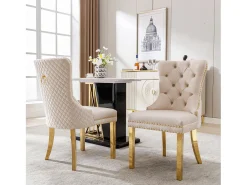 Juego de 2 sillas de cocina de terciopelo beige, estructura de metal dorado