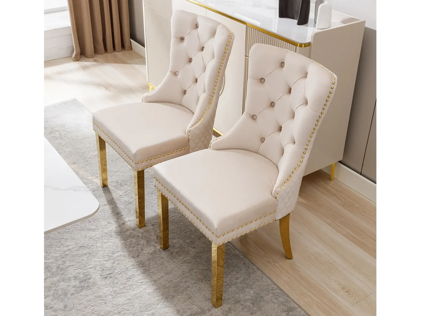 Juego de 2 sillas de cocina de terciopelo beige, estructura de metal dorado