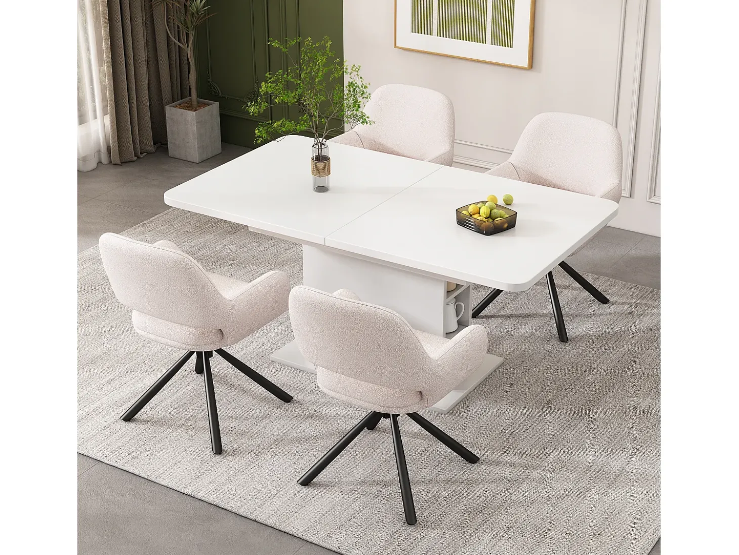 Juego de 4 sillas de comedor - tela sherpa blanca - con reposabrazos y función giratoria