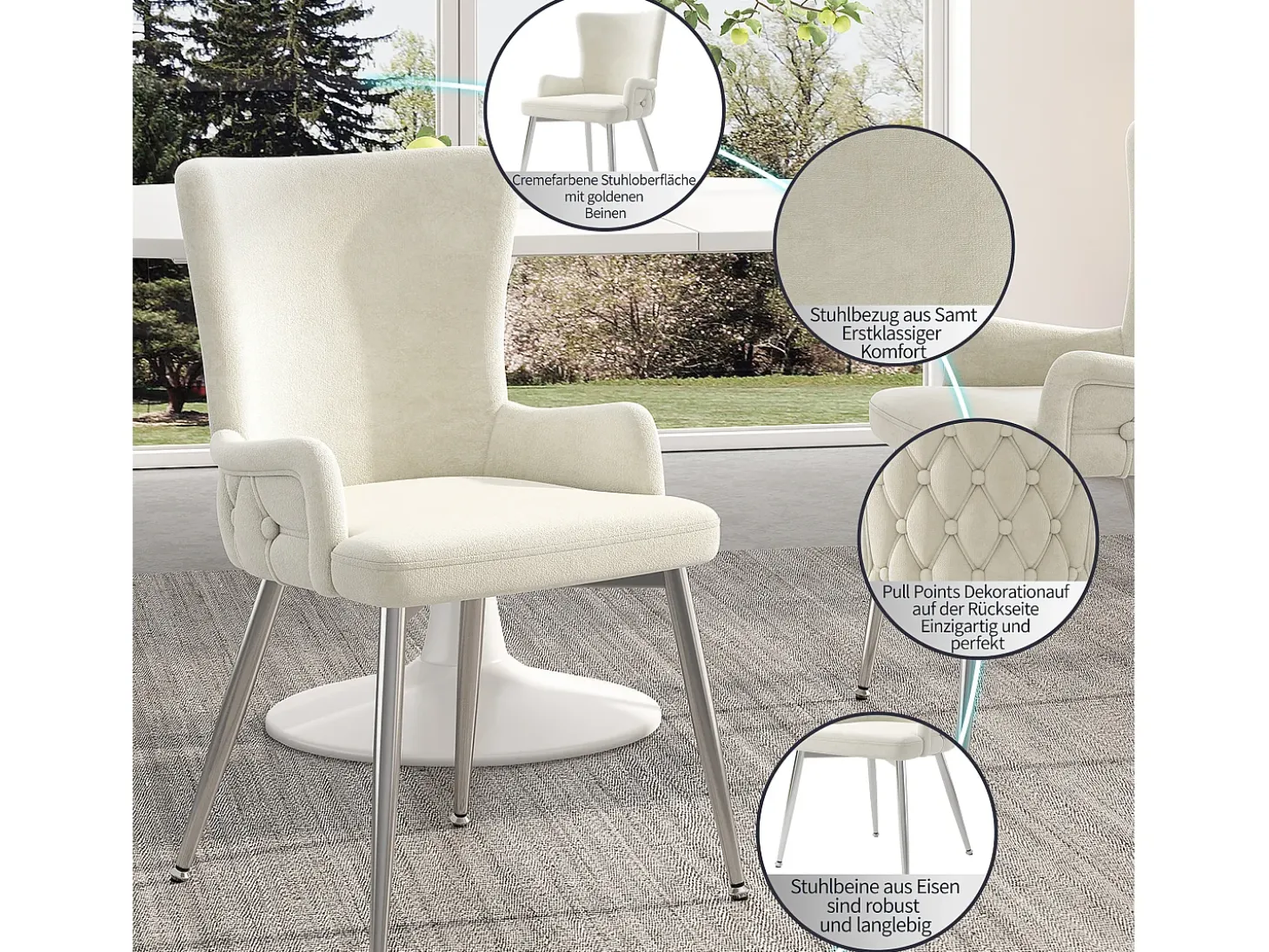 Juego de 4 sillas de comedor de terciopelo con patas de metal plateado, color beige (62,87 x 58,42 x 55,88 cm)