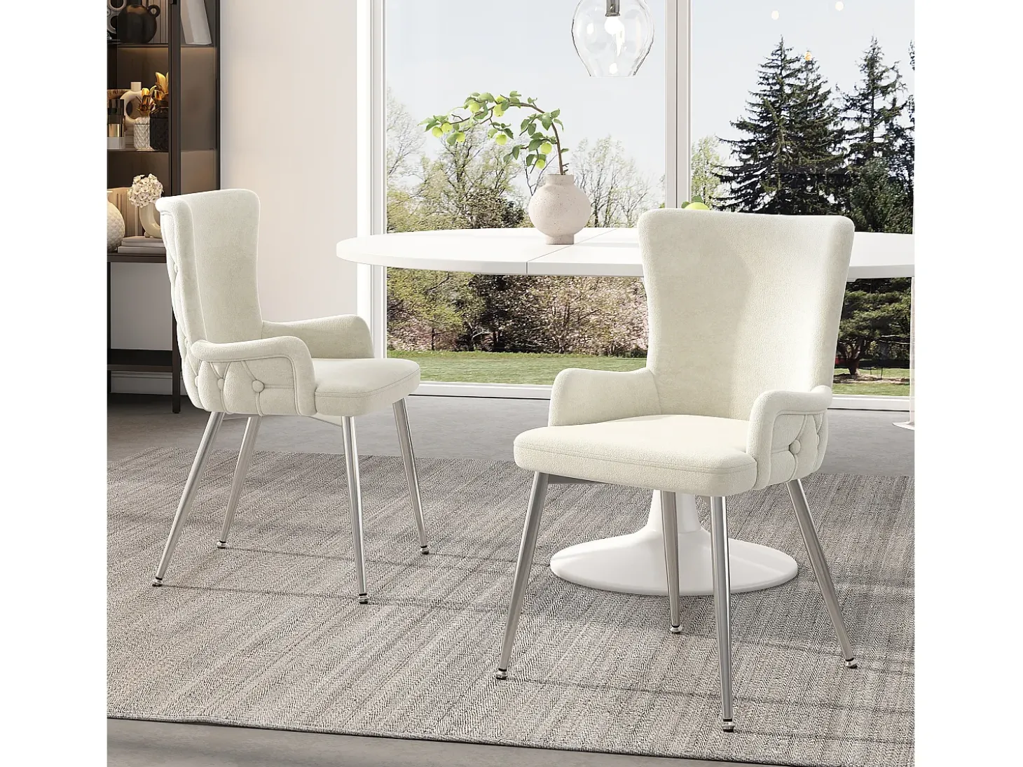 Juego de 4 sillas de comedor de terciopelo con patas de metal plateado, color beige (62,87 x 58,42 x 55,88 cm)
