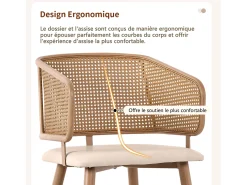 Juego de 4 sillas de comedor con respaldo de ratán y cojines de asiento de piel sintética, cómodas y transpirables.