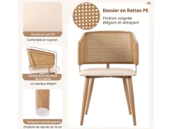 Juego de 4 sillas de comedor con respaldo de ratán y cojines de asiento de piel sintética, cómodas y transpirables.
