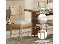 Juego de 4 sillas de comedor de madera maciza con respaldo de ratán - cojín de terciopelo - 50 x 58 x 88 cm - natural