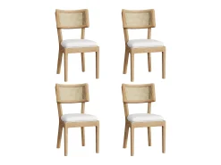 Juego de 4 sillas de comedor de madera maciza con respaldo de ratán - cojín de terciopelo - 50 x 58 x 88 cm - natural