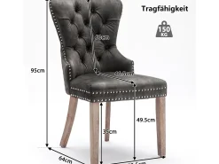 Juego de 6 sillas de comedor, diseño antiguo, con tachuelas, patas de madera maciza, tapizado de terciopelo, color gris (53,5x61x95 cm)