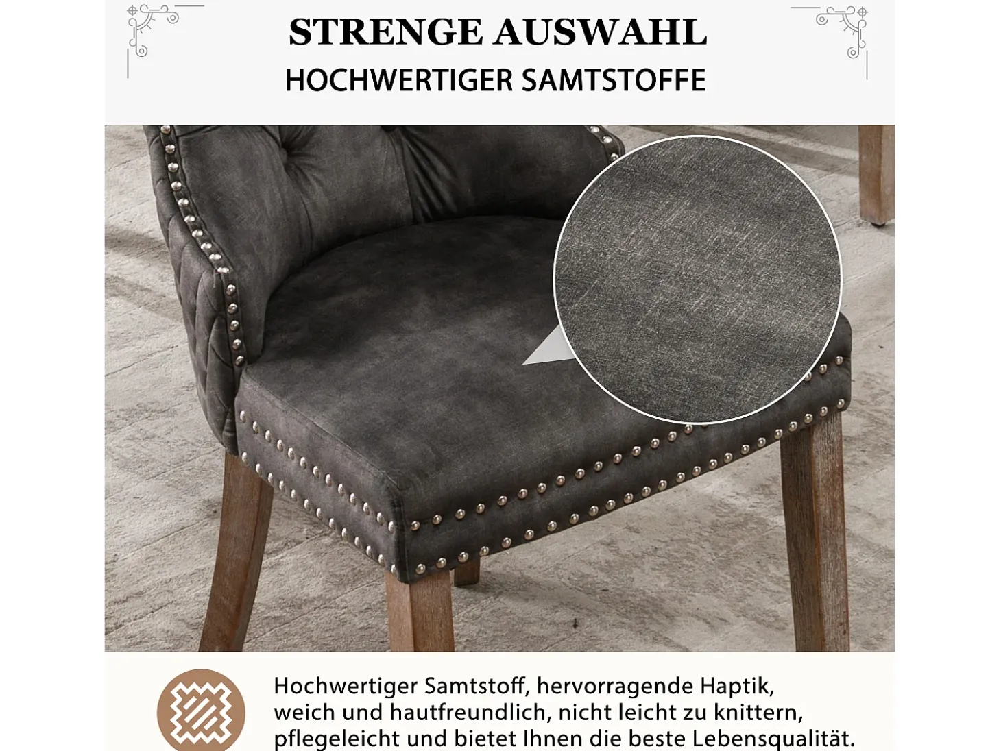 Juego de 4 sillas de comedor - Asiento de terciopelo - Patas de madera maciza - Diseño de lujo - Gris