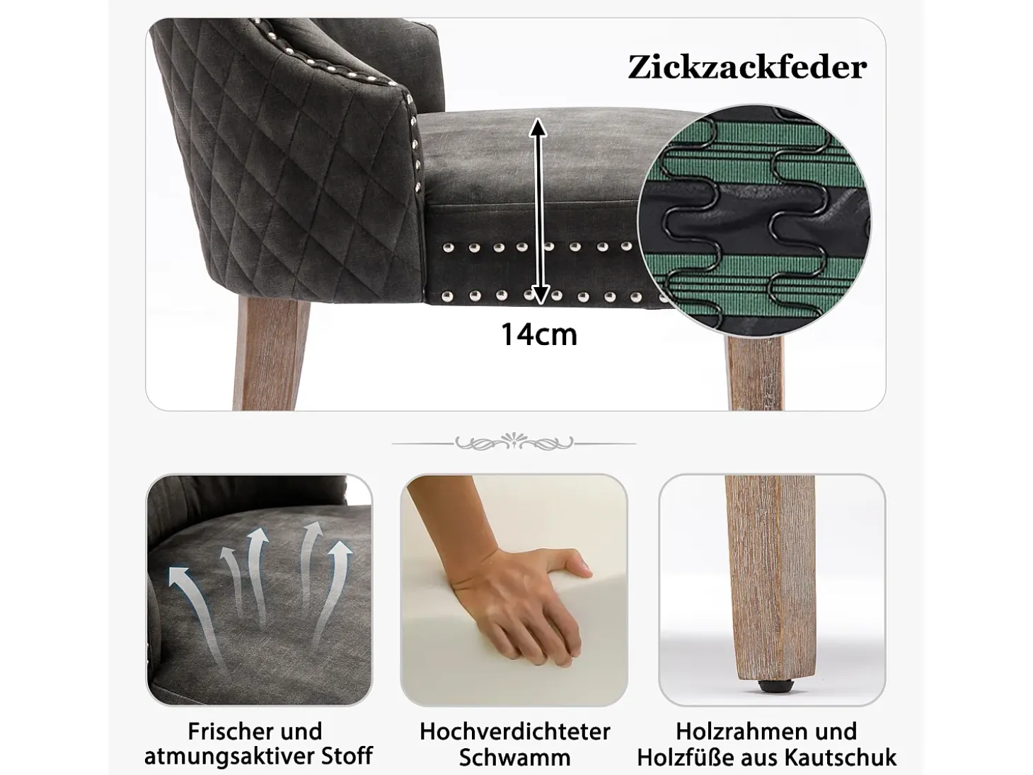 Juego de 4 sillas de comedor - Asiento de terciopelo - Patas de madera maciza - Diseño de lujo - Gris