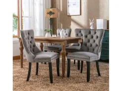 Juego de 2 sillas de comedor - Sillas con respaldo acolchado, patas de madera y ribete de tachuelas - terciopelo gris