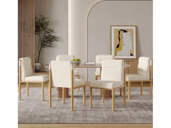 Juego de 4 sillas de comedor - 46 x 52 x 80,5 cm - estructura efecto roble y asientos acolchados - tela sherpa - beige.