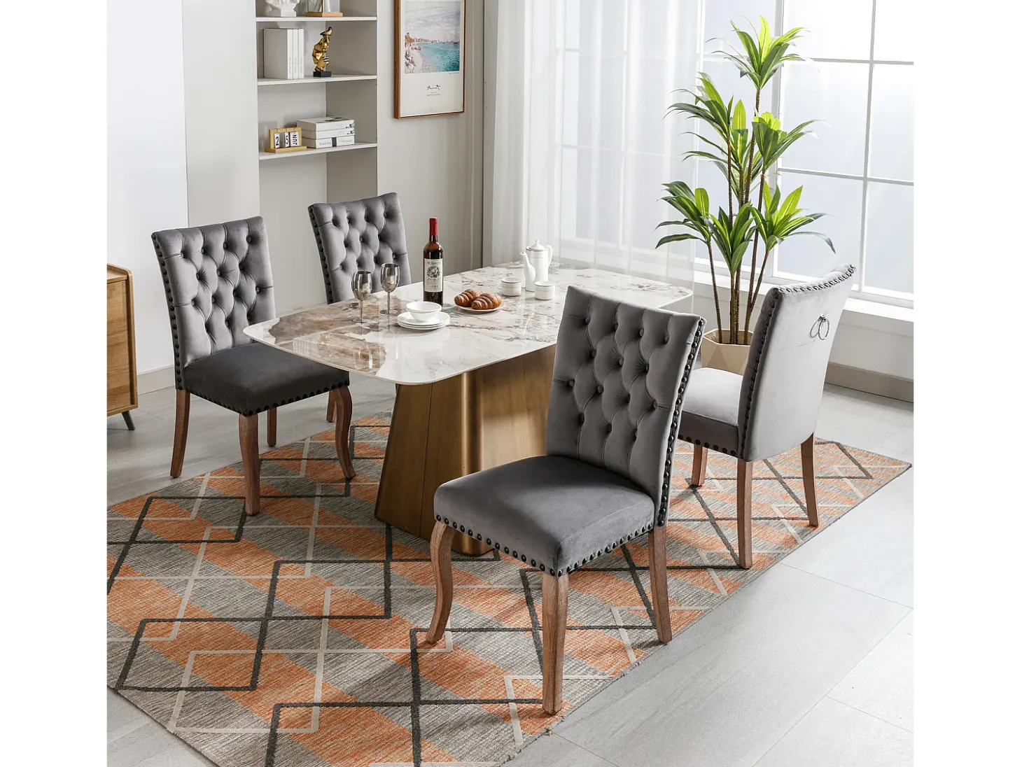 Juego de 4 sillas de comedor - silla de comedor de terciopelo gris - con respaldo acolchado y patas de madera