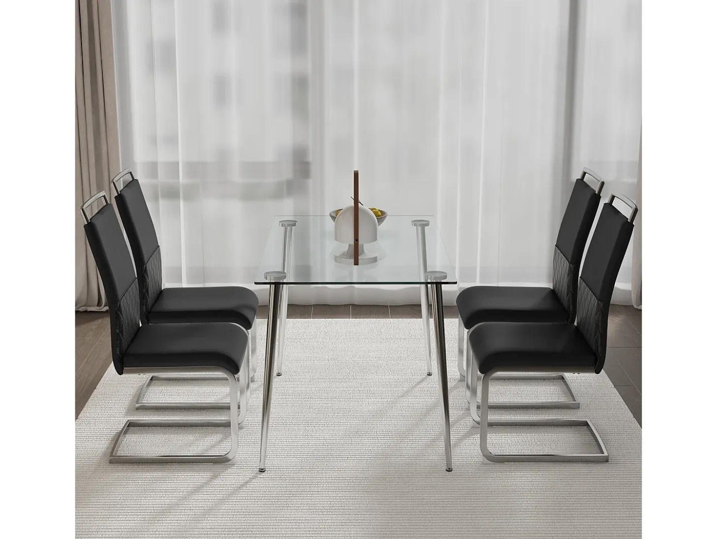 Juego de 4 sillas de comedor modernas, respaldo alto acolchado de poliuretano y lino, diseño de rayas, color negro (42 x 48 x 95 cm)