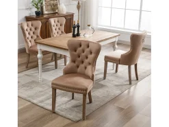 Juego de 4 sillas de comedor, tapizadas con ribete de tachuelas, patas de madera maciza, funda de terciopelo, color marrón, con diseño de aldaba para puerta.