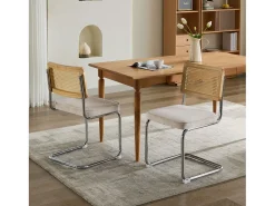 Juego de 2 sillas de comedor – Respaldos de ratán – Asientos tapizados en terciopelo – Beige