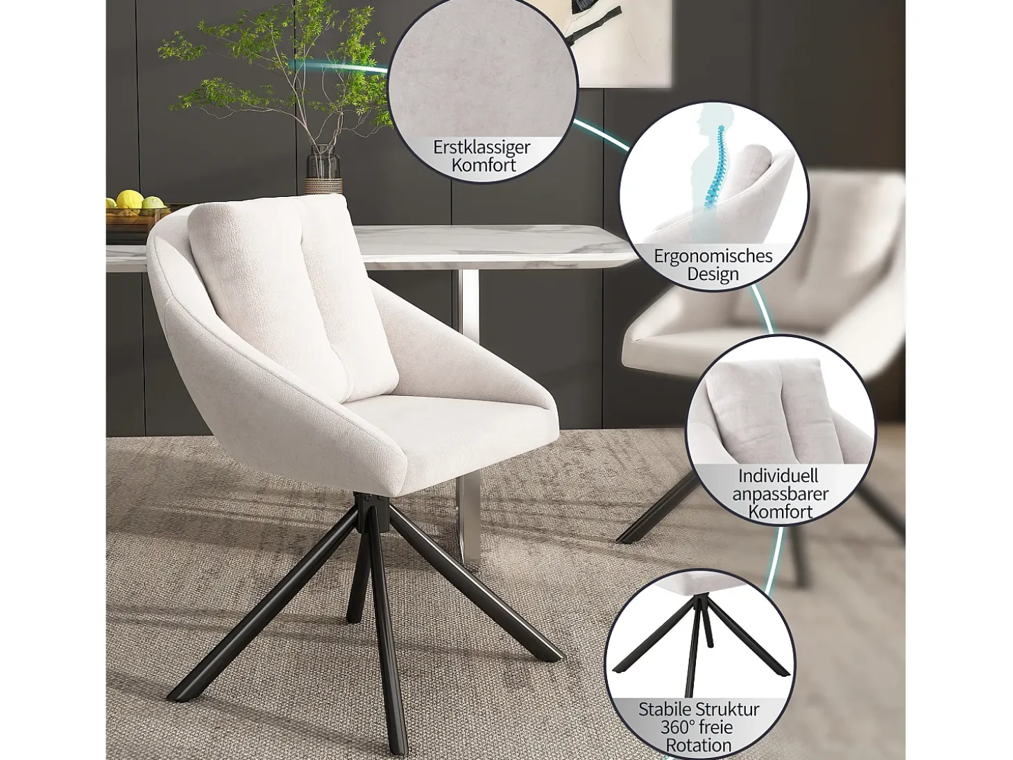 Juego de 6 sillas de comedor de terciopelo - 79 x 51,5 x 51,5 cm - Elegantes y cómodas sillas giratorias - con cojines - Beige