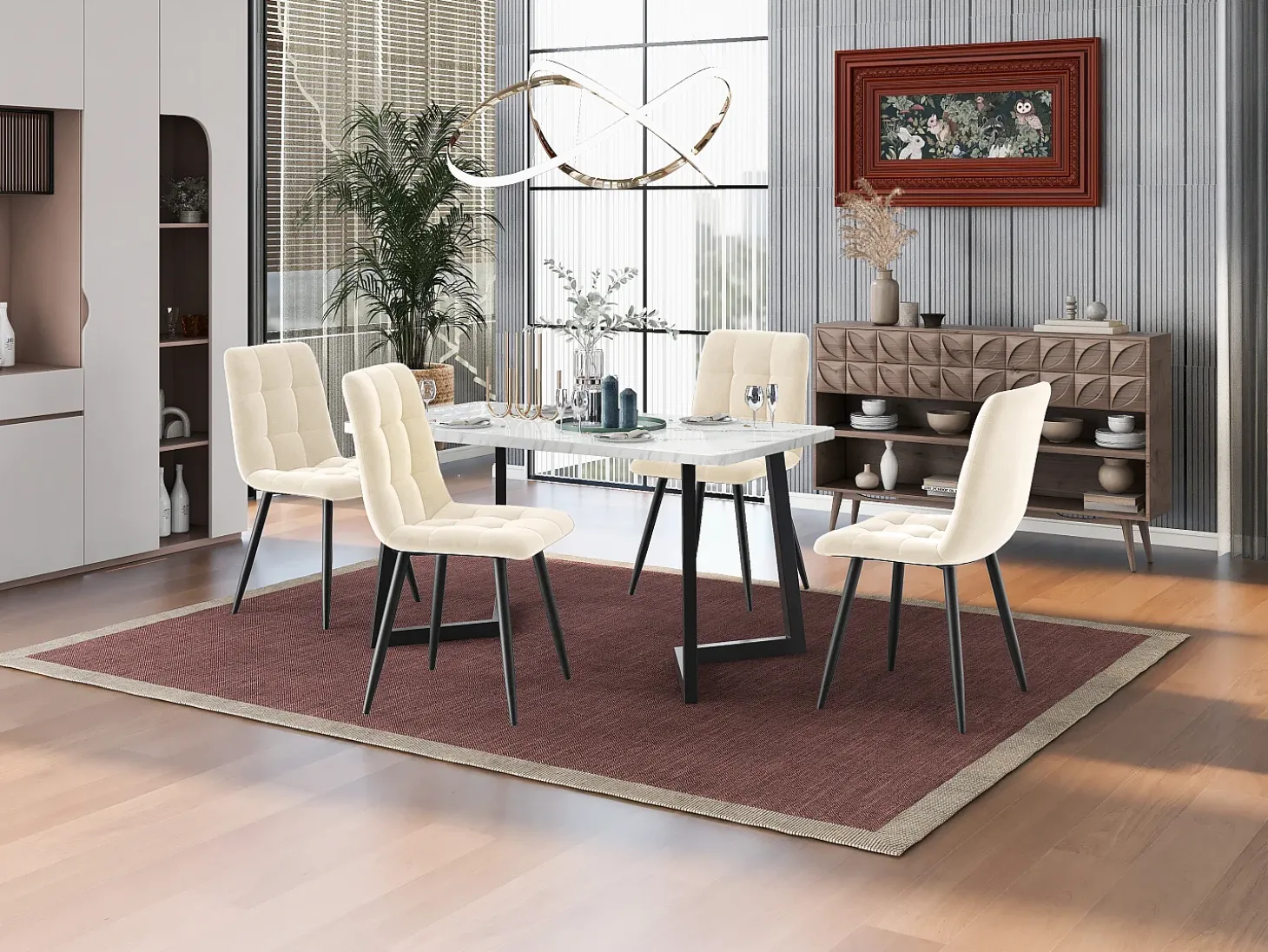 Juego de 4 sillas de comedor de terciopelo - patas de metal - beige