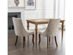 Juego de 2 sillas de comedor con respaldo acolchado y patas de madera - Chenilla beige