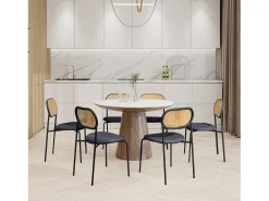 Juego de 2 sillas de comedor tapizadas con respaldo de ratán, estructura de metal, color negro