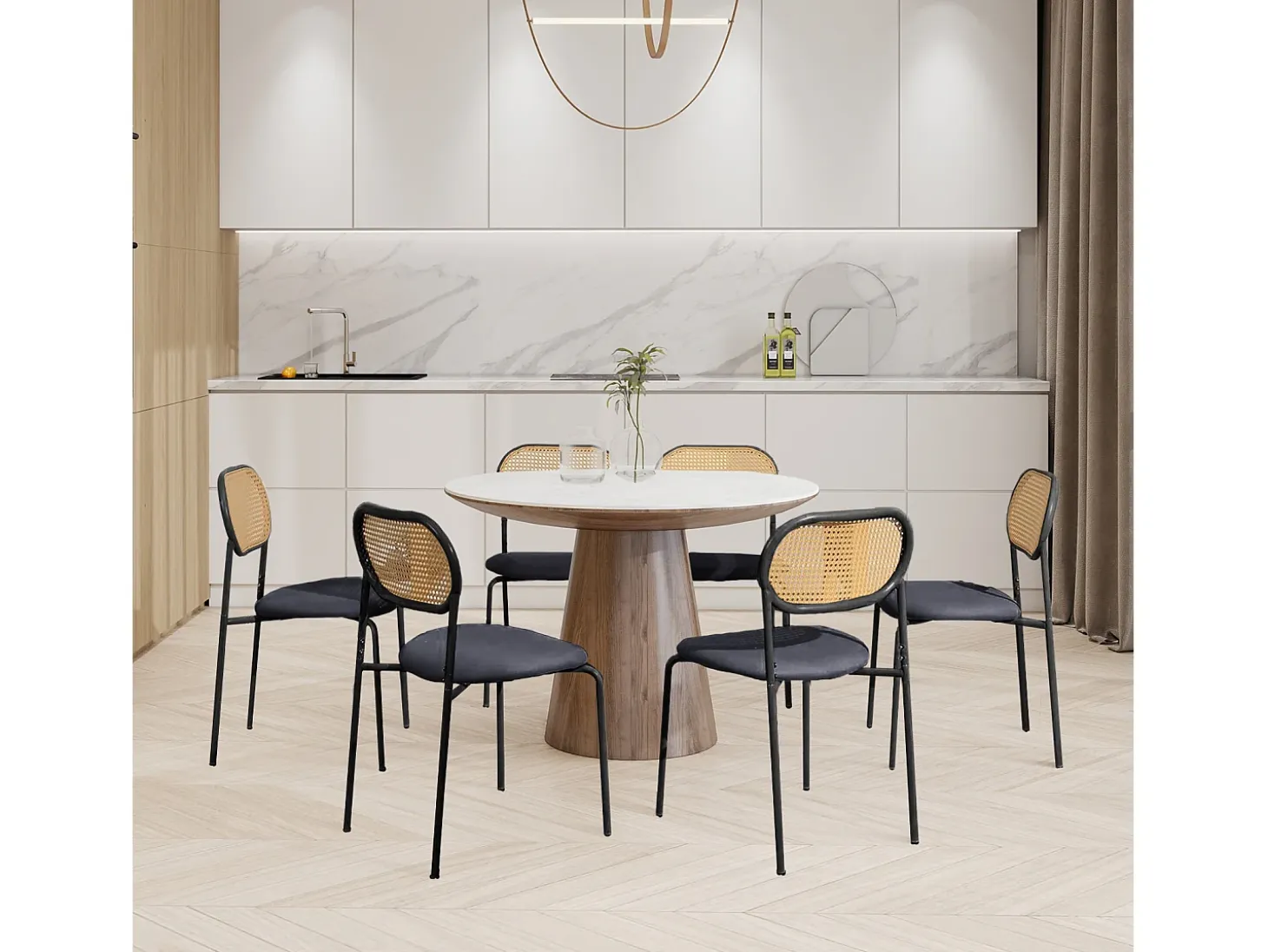 Juego de 2 sillas de comedor tapizadas con respaldo de ratán, estructura de metal, color negro