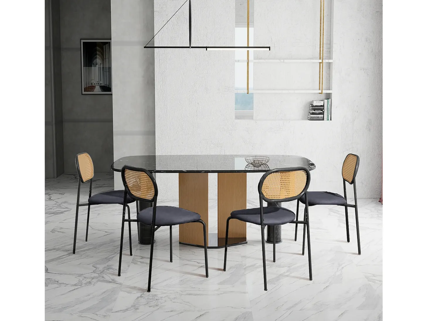 Juego de 2 sillas de comedor tapizadas con respaldo de ratán, estructura de metal, color negro