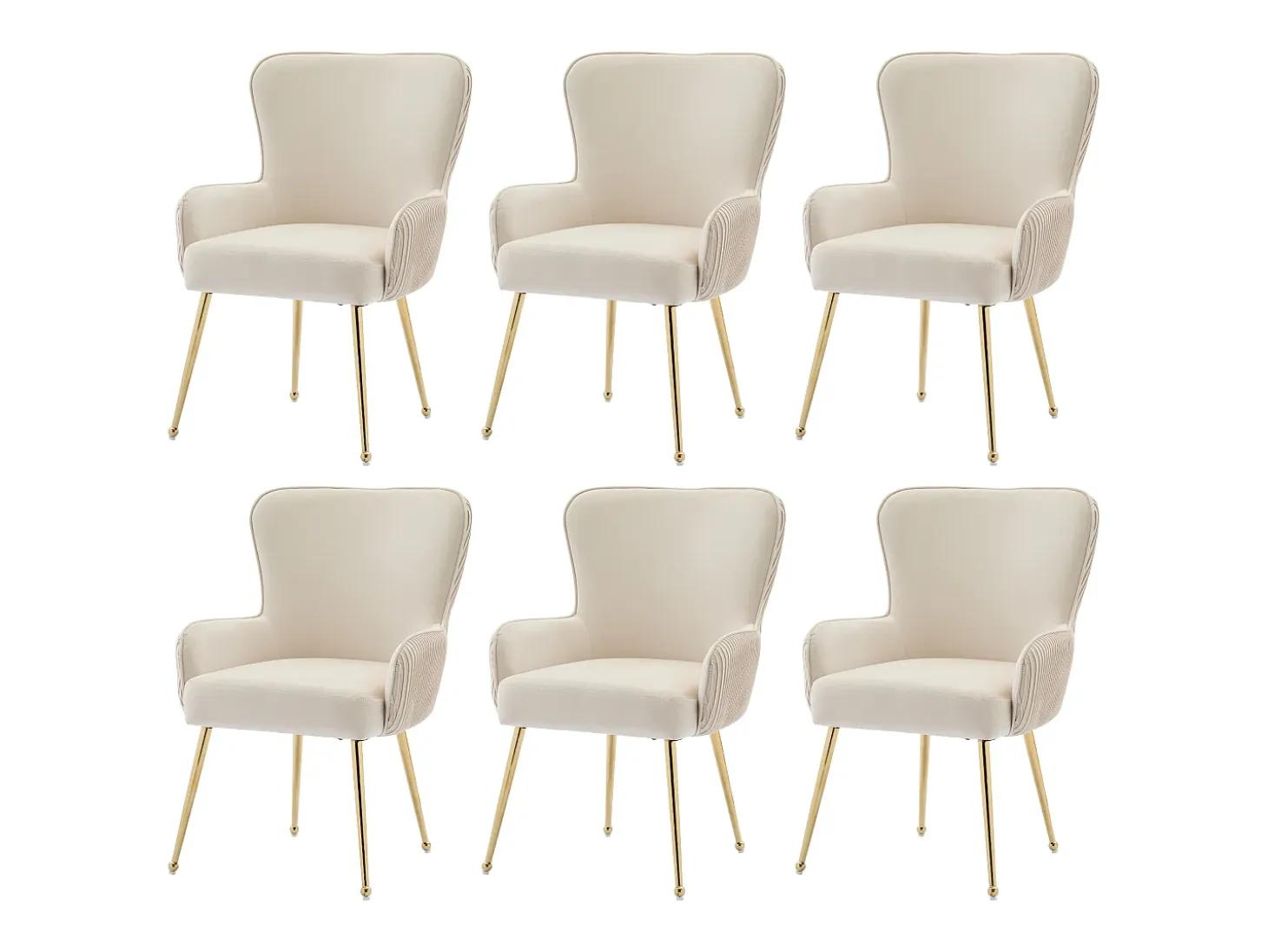 Juego de 6 sillas de comedor de terciopelo beige con reposabrazos, patas de metal dorado, soporte lumbar y patas ajustables (69 x 58,5 x 56 cm)