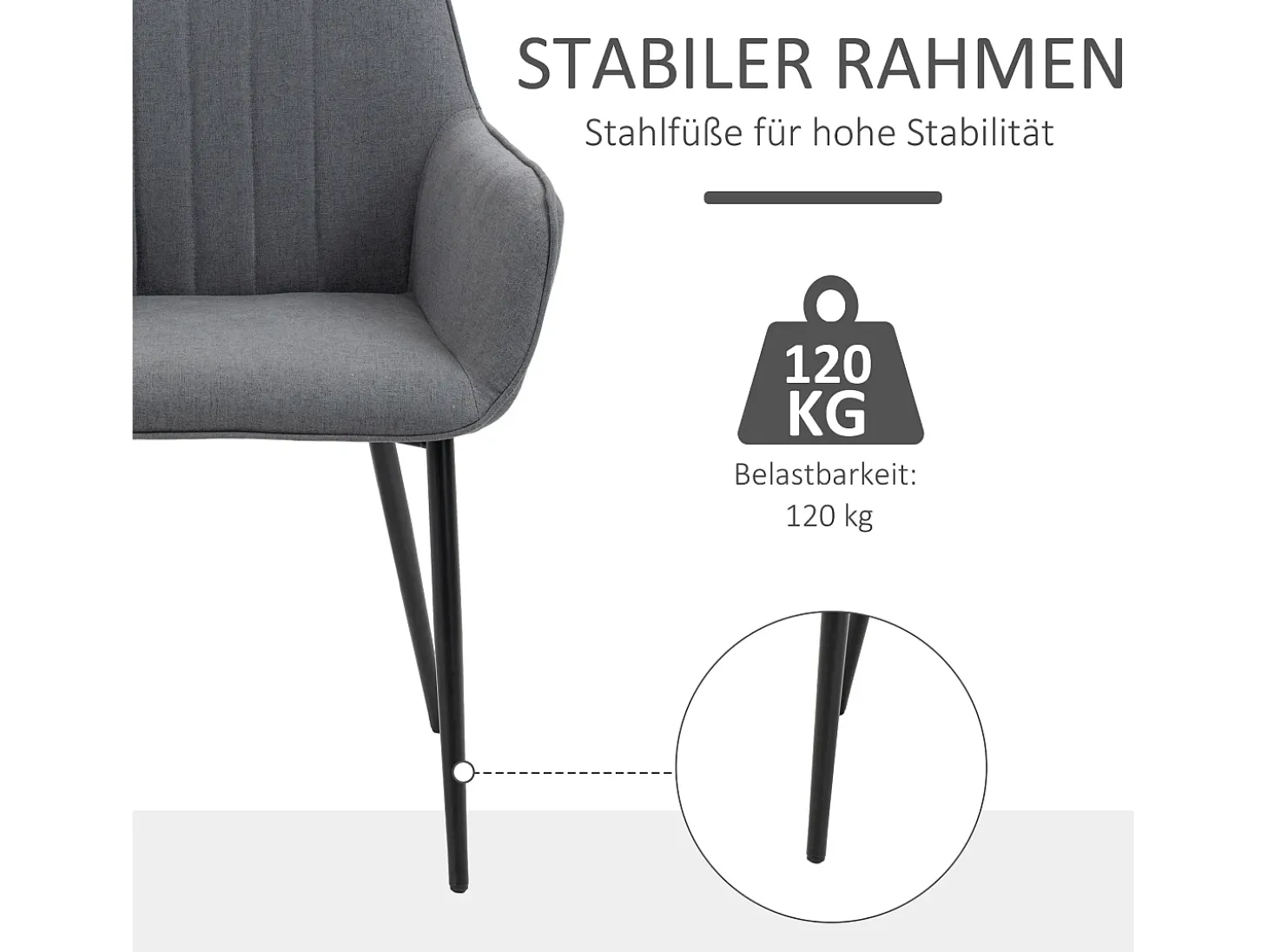 Juego de 2 sillas de comedor, cómodas con tapizado de lino transpirable, respaldo y reposabrazos, patas de metal, color gris oscuro.