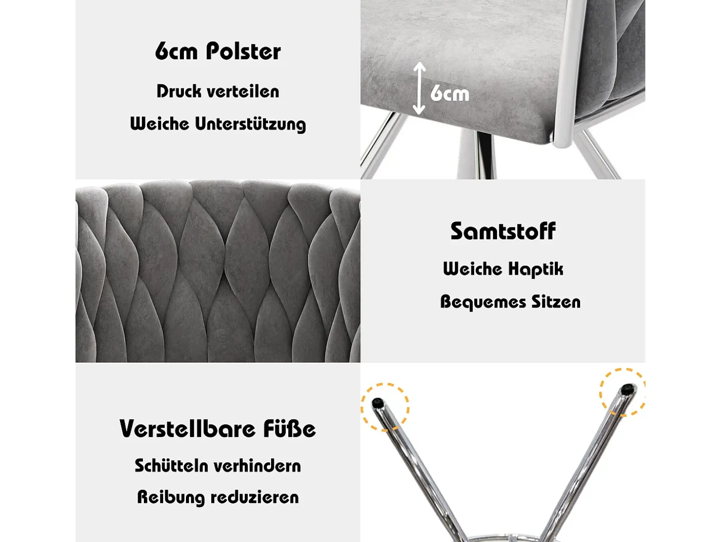 Juego de 4 sillas de comedor de terciopelo, sillas giratorias de lujo para salón y dormitorio, con patas de metal (62 x 60 x 57 cm)