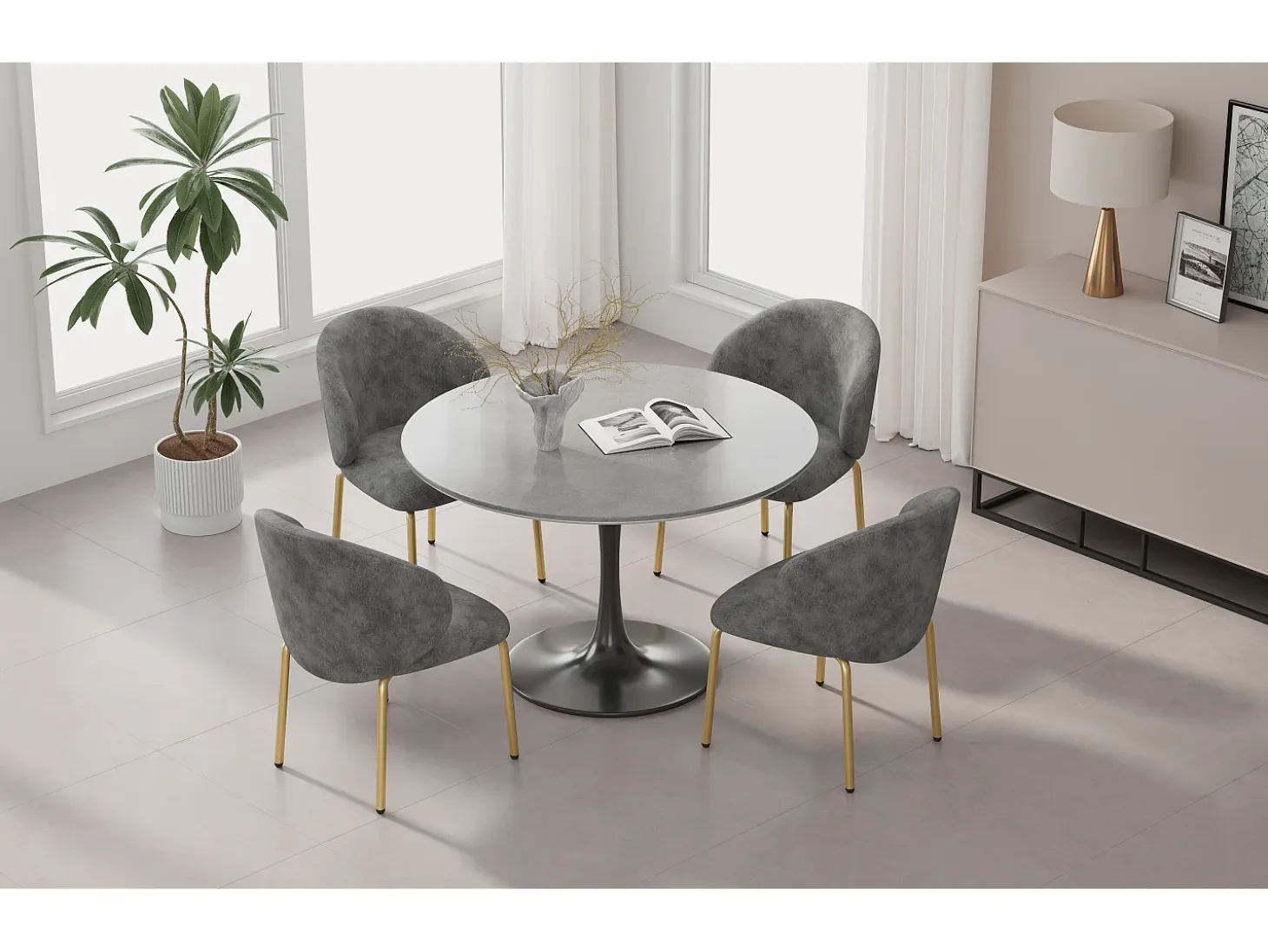 Juego de 4 sillas de comedor de chenilla gris - Patas de metal dorado