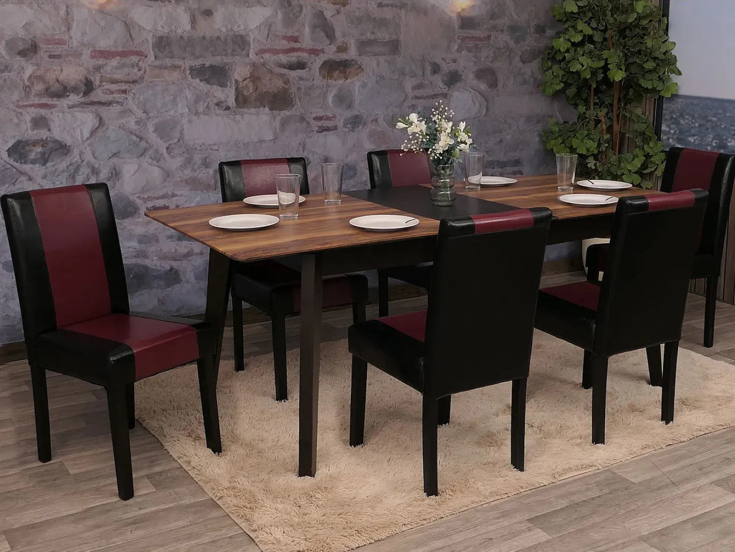 Juego de 6 sillas de comedor Littau de piel sintética, polipiel, negro-rojo, patas oscuras