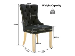 Juego de 4 sillas de comedor - terciopelo negro - Silla tapizada con ribete tachonado y patas de metal dorado