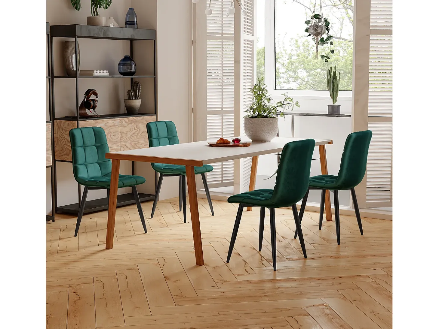 Juego de 4 sillas de comedor, verde oscuro, diseño de silla tapizada con respaldo, terciopelo, estructura de metal