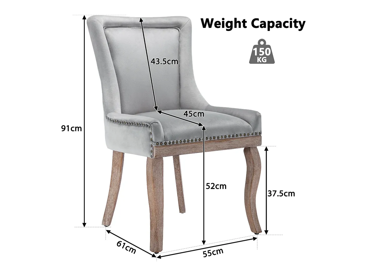 Juego de 4 sillas de comedor - asientos tapizados adornados con tachuelas decorativas y patas de madera maciza - terciopelo gris