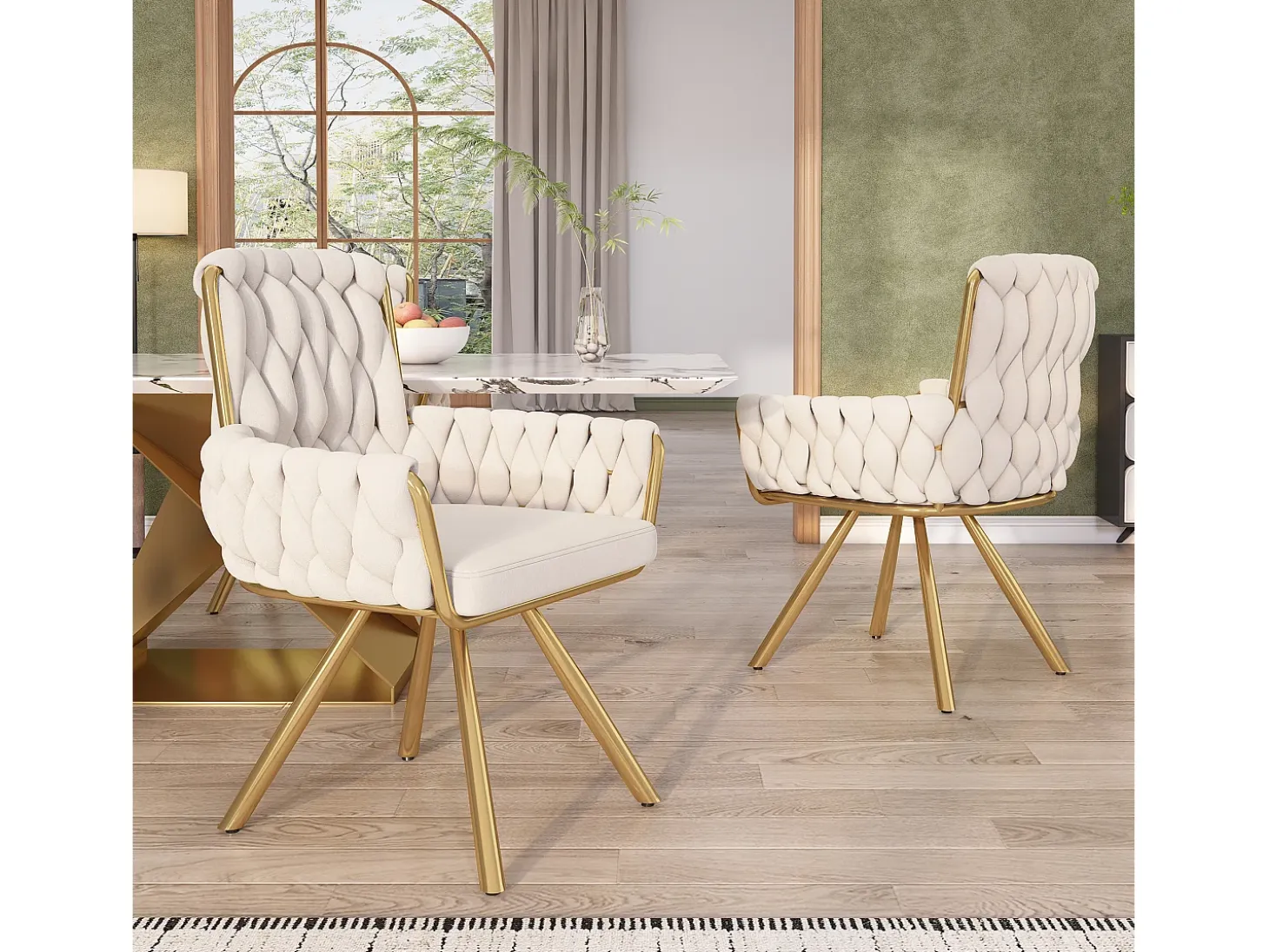 Juego de 4 sillas de comedor de terciopelo, giratorias 360°, con respaldo alto y reposabrazos, con base de metal, beige