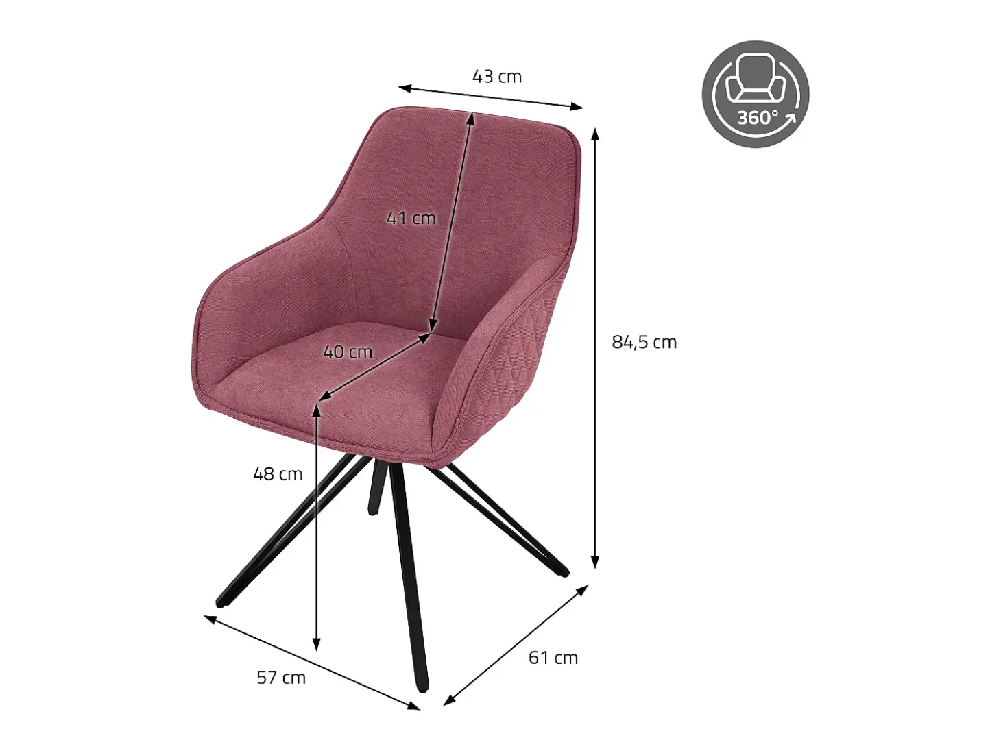 Juego de 2 sillas de comedor giratorias ML-Design en tela textil rosa viejo, silla de salón con reposabrazos/respaldo, silla giratoria de 360°