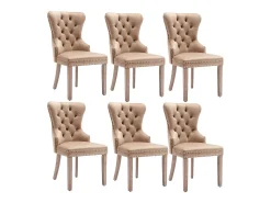 Juego de 6 sillas de comedor, tapizadas en terciopelo, con detalles de tachuelas y patas de madera maciza, color marrón.