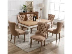 Juego de 6 sillas de comedor, tapizadas en terciopelo, con detalles de tachuelas y patas de madera maciza, color marrón.