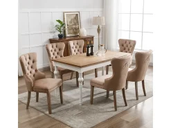 Juego de 6 sillas de comedor, tapizadas en terciopelo, con detalles de tachuelas y patas de madera maciza, color marrón.