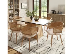 Juego de 2 sillas de comedor con respaldo de ratán y cojines de asiento de terciopelo, color beige