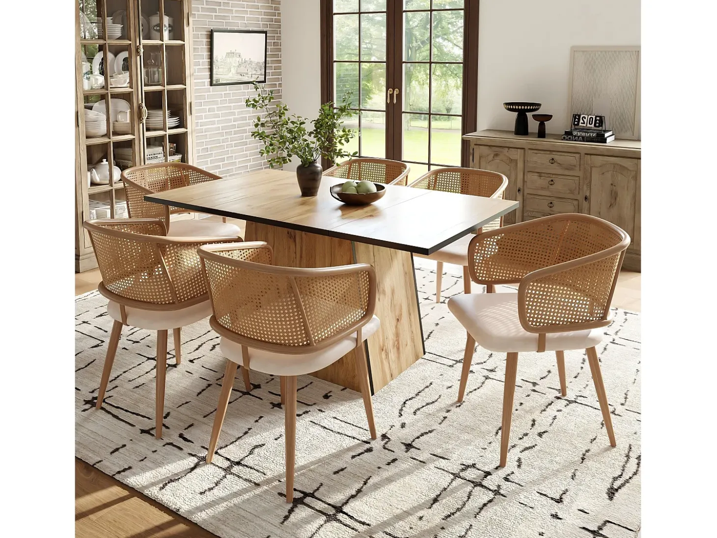 Juego de 2 sillas de comedor con respaldo de ratán y cojines de asiento de terciopelo, color beige