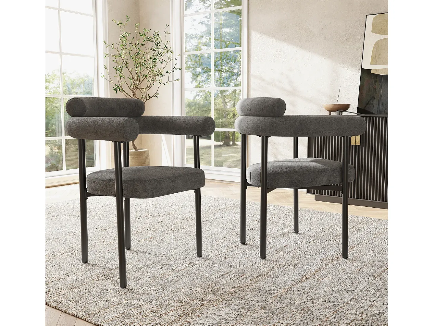 Juego de 4 sillas de comedor con respaldo en aro y reposabrazos - tejido de felpa gris oscuro