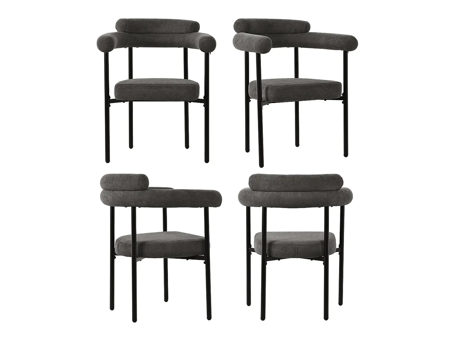 Juego de 4 sillas de comedor con respaldo en aro y reposabrazos - tejido de felpa gris oscuro