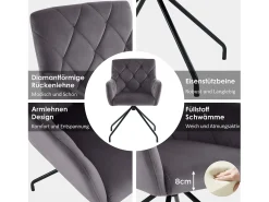 Juego de 2 sillas de comedor de terciopelo - 85 x 49 x 49 cm - sillón tapizado con 4 patas de metal - con soporte lumbar - gris