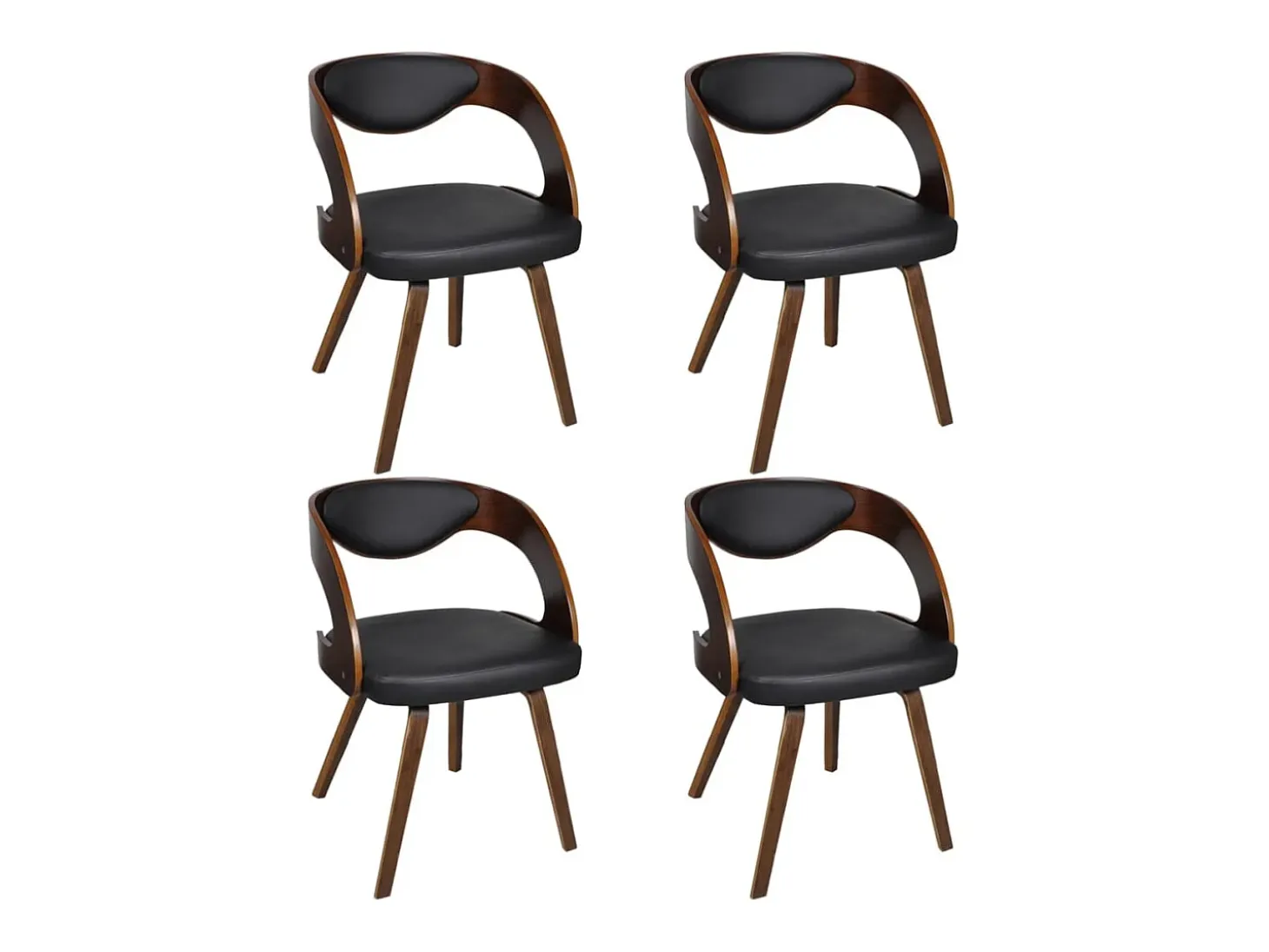 Juego de 4 sillas de comedor de madera curvada marrón y piel sintética.