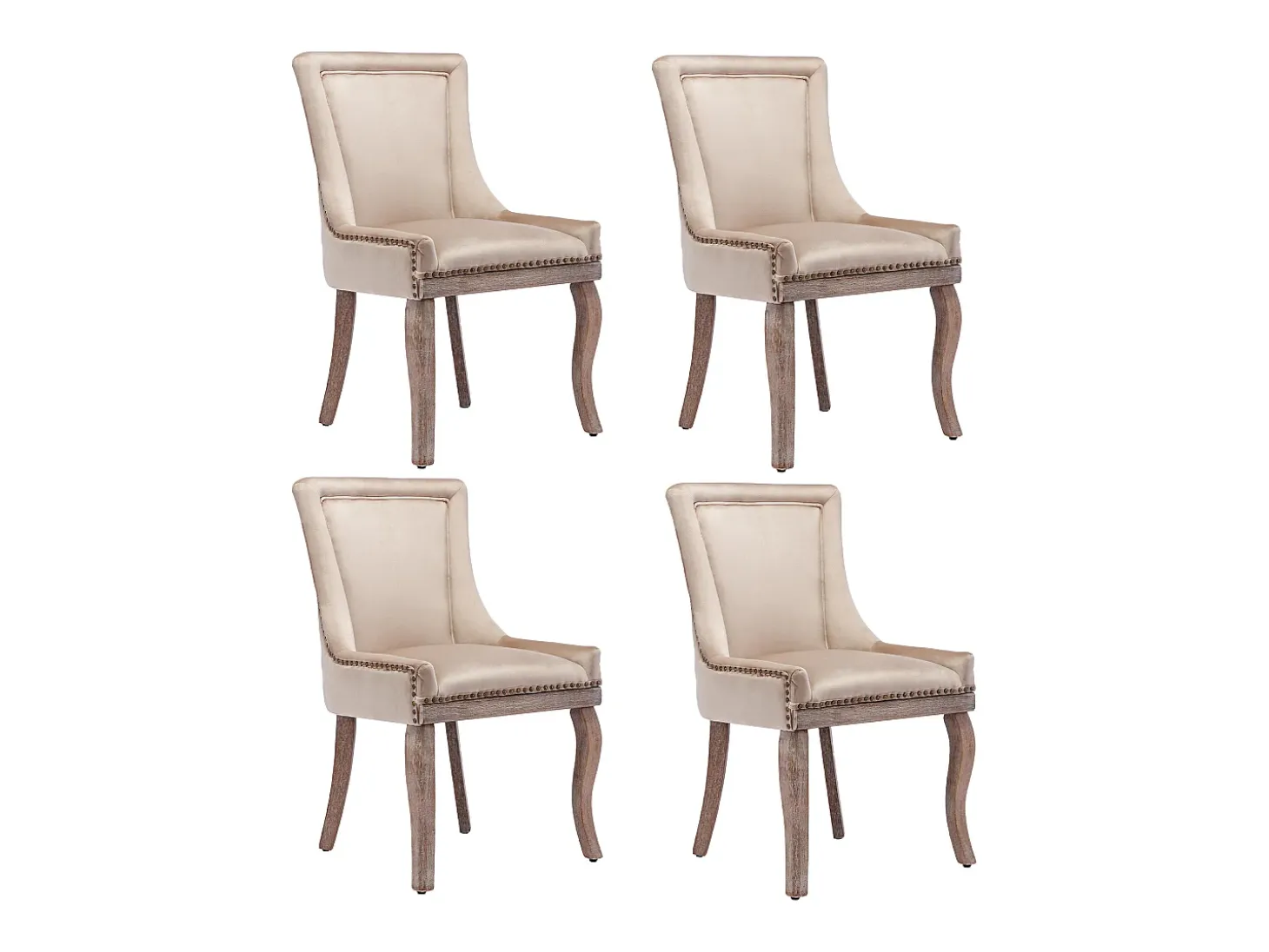 Juego de 4 sillas de comedor de lujo - Terciopelo y madera maciza - Decoración con remaches - Beige