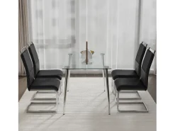 Juego de 6 sillas de comedor - Lino y piel sintética - Patas de metal - Negro y gris - BLITZ