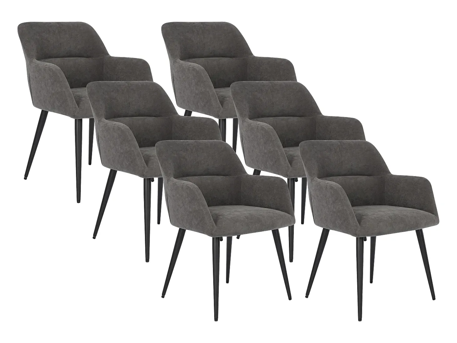 Juego de 6 sillas de comedor con brazos - Tela aterciopelada y metal negro. Gris. HEKA